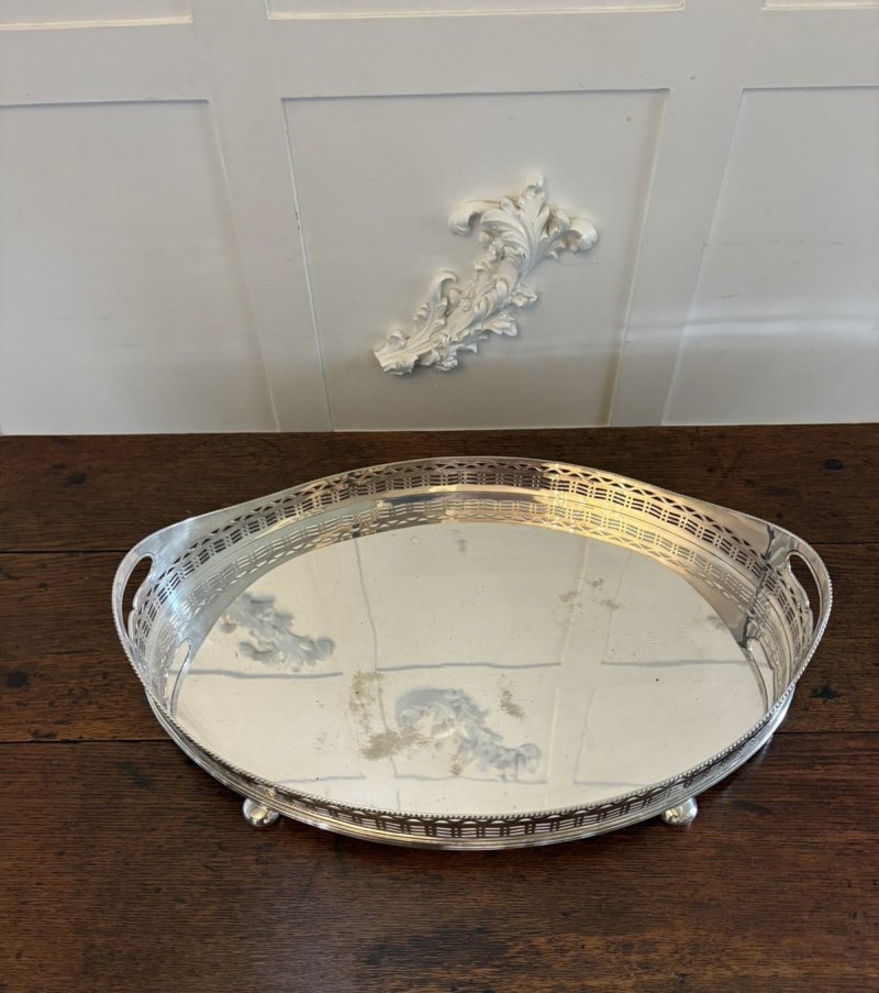 Antique Large Edwardian Silver Plated Oval Gallery Cocktail / Decanter Tray with Handles - Image 8